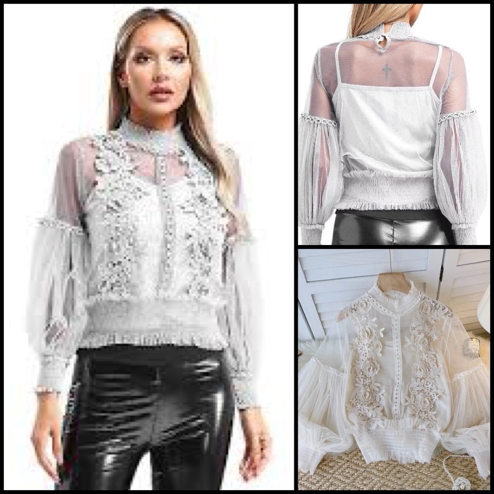 The Way See-through White Mesh Flower Applique Lantern Sleeves Lace Blouse OS